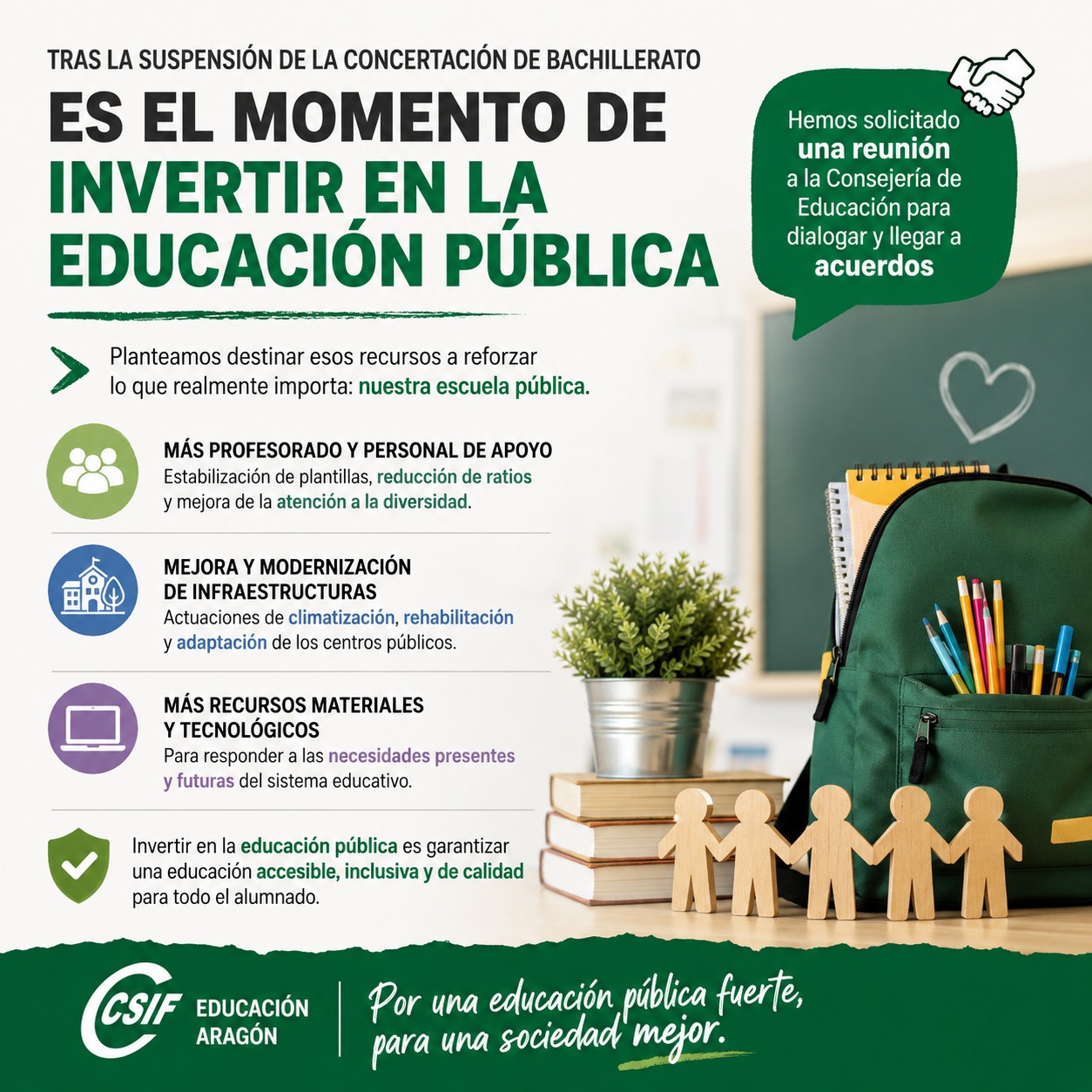CSIF solicita una reunión a la Consejera de Educación para analizar el destino de los fondos liberados tras la suspensión de la concertación del Bachillerato.